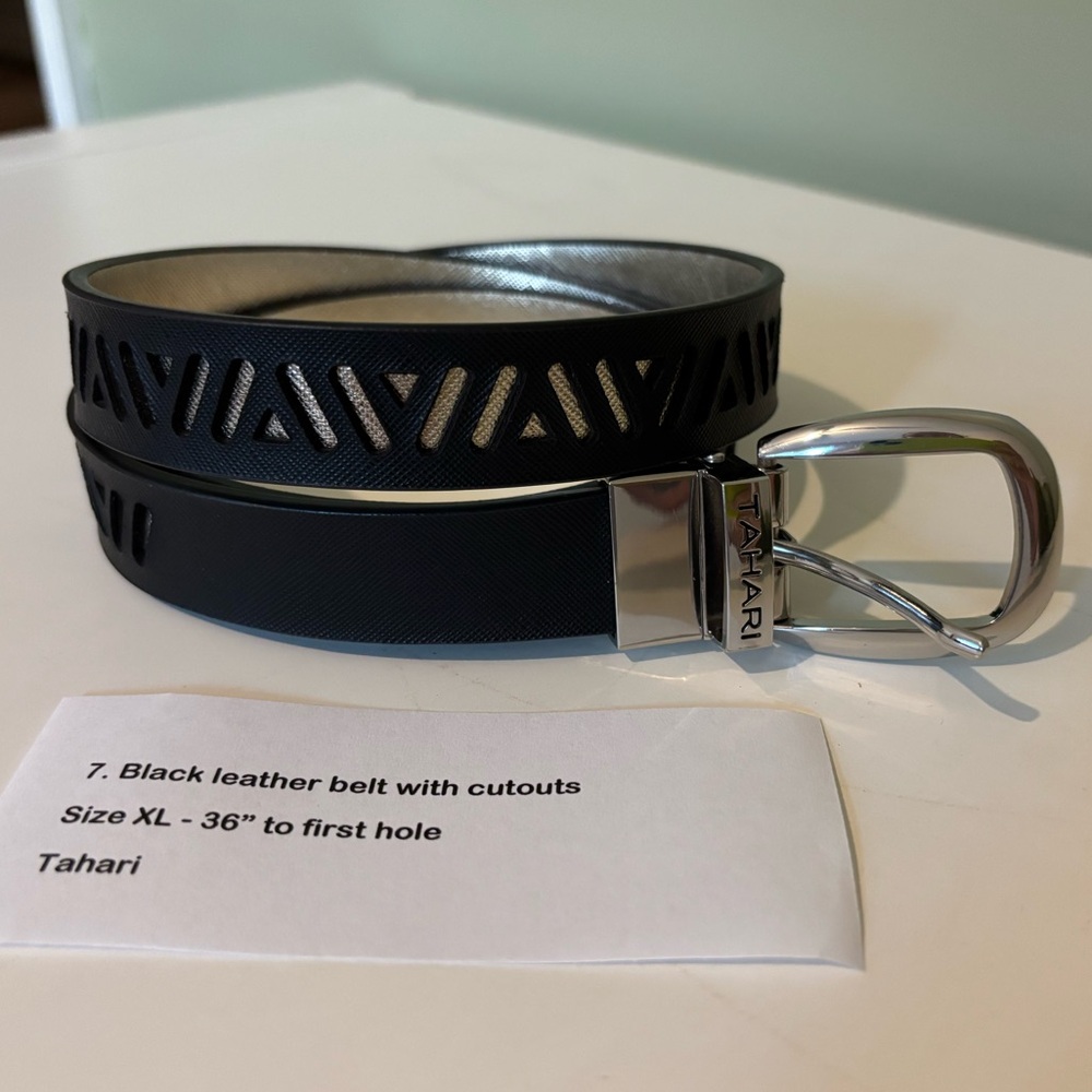 Tahari Black Skinny Leather belt patterned cut outs XL 36”